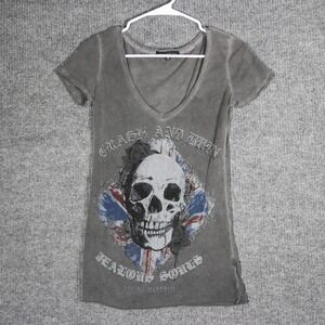 Y2K Crash And Burn Top Womens Small Gray Short Sleeve Skull Jealous Souls